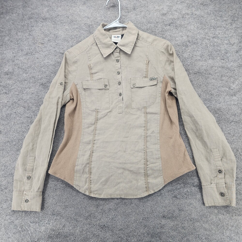 Harley Davidson Shirt Womens Small Button Up Roll Tab Beige